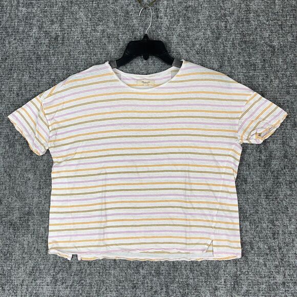 Madewell Shirt Womens Small Striped Short-Sleeve Crew-Neck Oversized Linen Blend - Picture 1 of 9